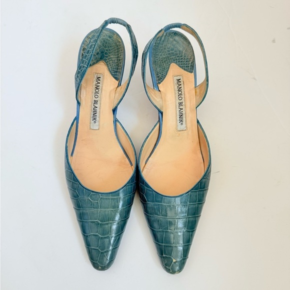Manolo Blahnik Teal Blue Croc Embossed Leather Carolyne Slingback Heels EU 38.5 - Picture 2 of 10